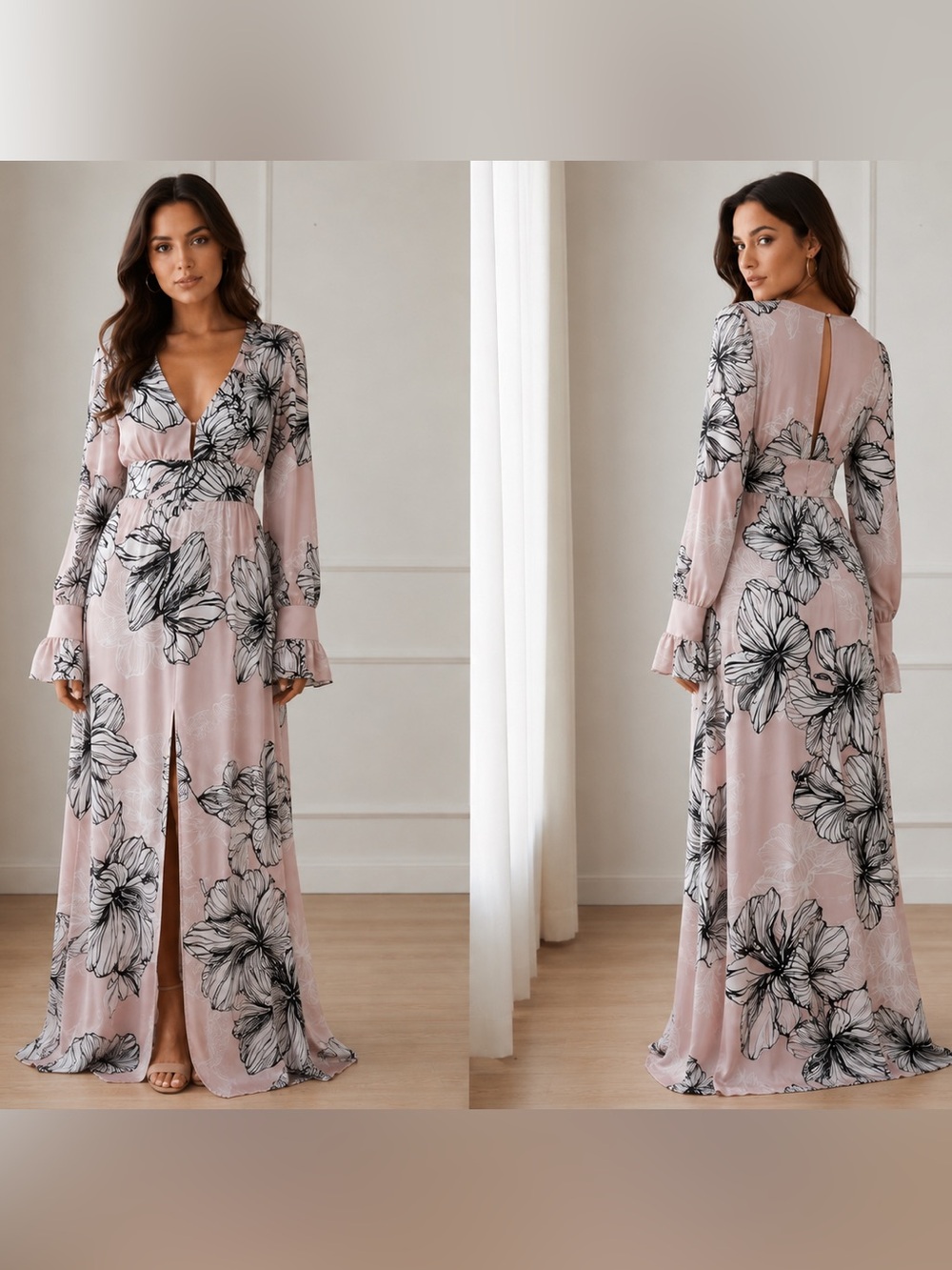 Alexia Admor Blush Pink Maxi Dress with Black Floral Sketch Print S XL